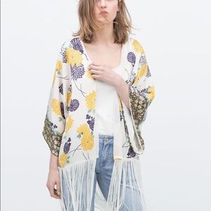 ZARA RARE FRINGED FLORAL SILKY KIMONO JACKET
